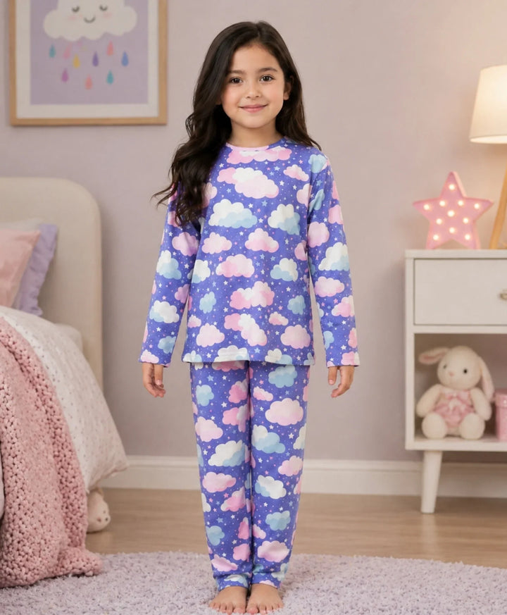 Purple Clouds Girls Long Sleeve Pyjama Set - Purple
