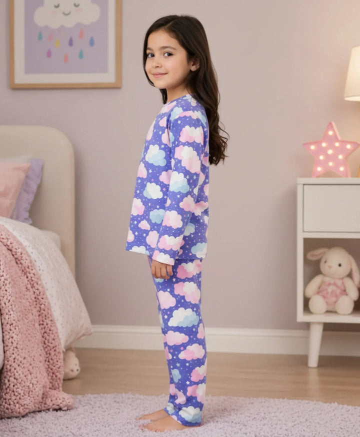 Purple Clouds Girls Long Sleeve Pyjama Set - Purple