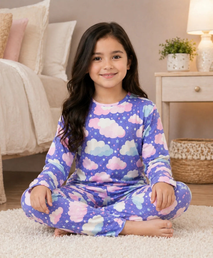 Purple Clouds Girls Long Sleeve Pyjama Set - Purple