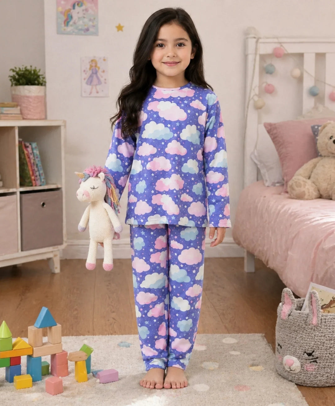 Purple Clouds Girls Long Sleeve Pyjama Set - Purple