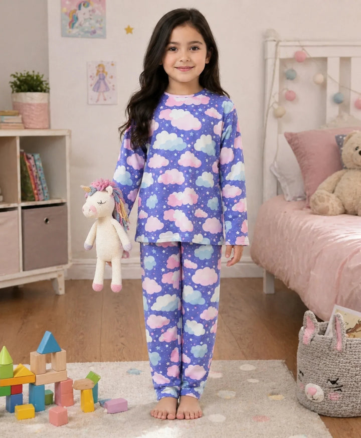 Purple Clouds Girls Long Sleeve Pyjama Set - Purple