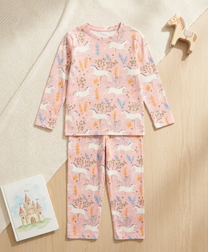 Unicorn Garden Girls Long Sleeve Pyjama Set - Pink
