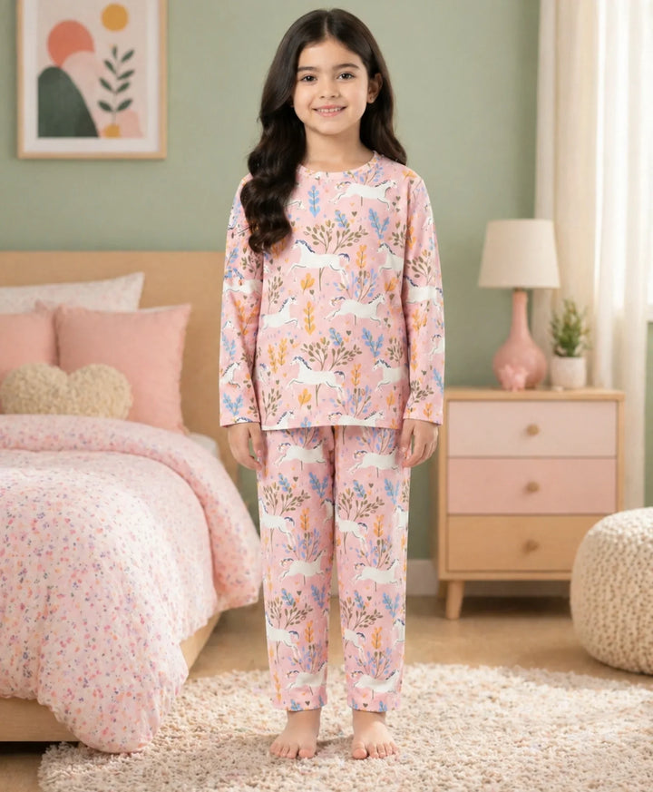 Unicorn Garden Girls Long Sleeve Pyjama Set - Pink