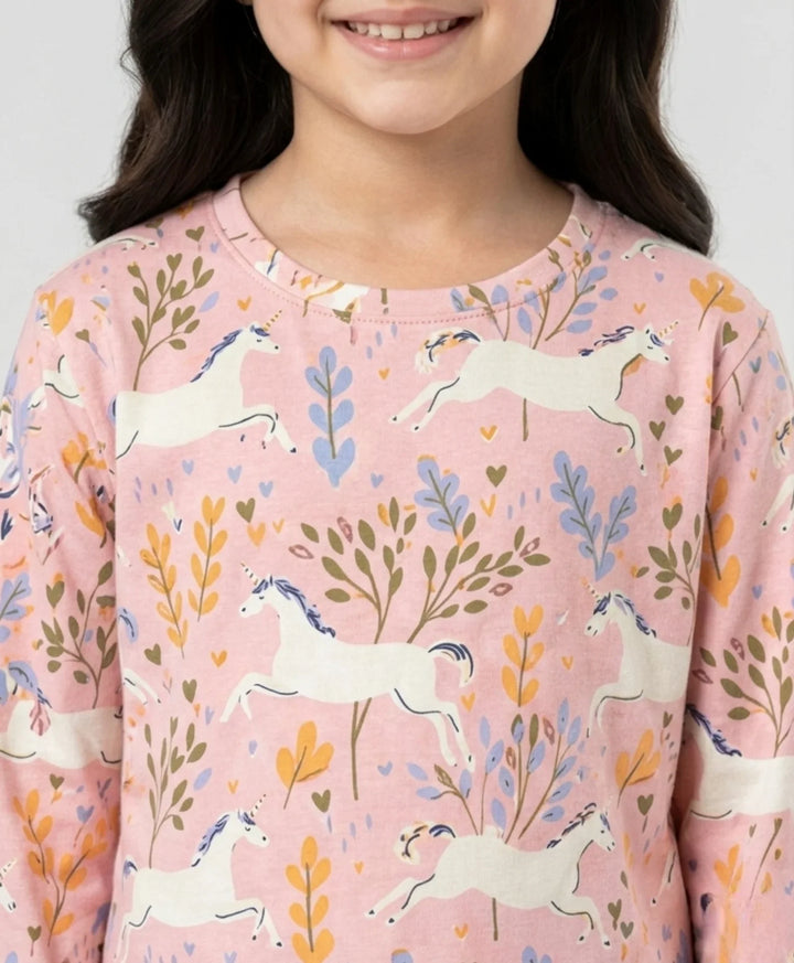 Unicorn Garden Girls Long Sleeve Pyjama Set - Pink