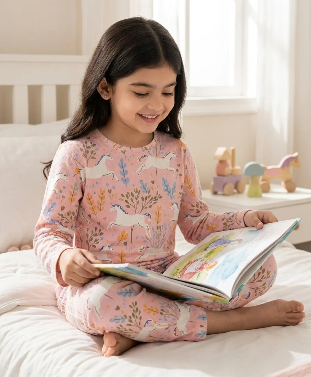 Unicorn Garden Girls Long Sleeve Pyjama Set - Pink
