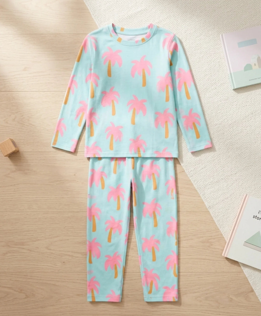 Palm Tree Girls Long Sleeve Pyjama Set - Aqua