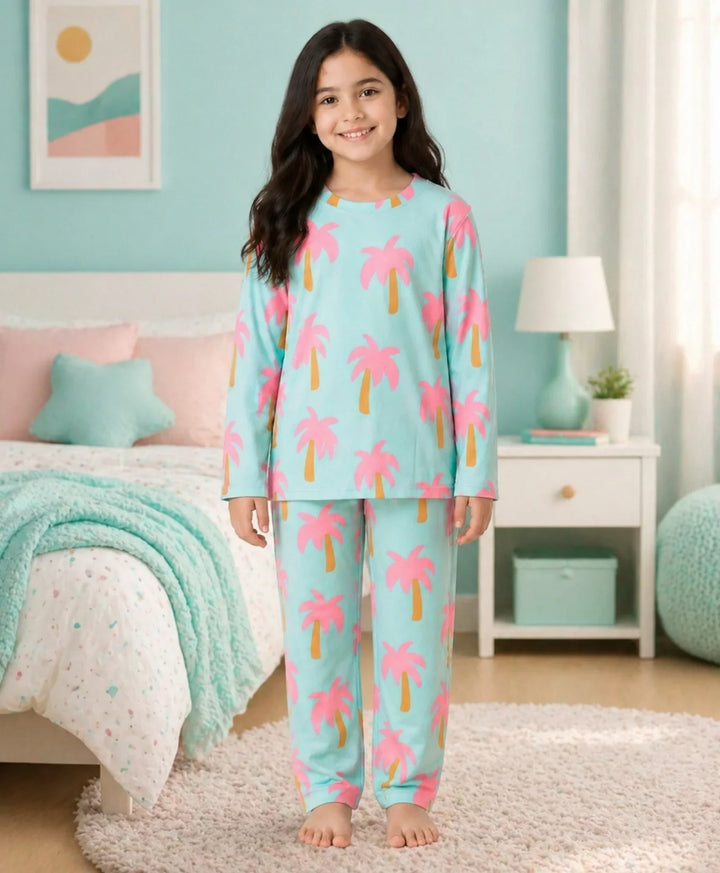 Palm Tree Girls Long Sleeve Pyjama Set - Aqua