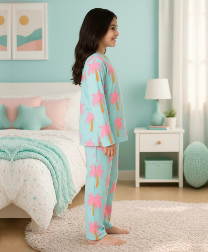 Palm Tree Girls Long Sleeve Pyjama Set - Aqua