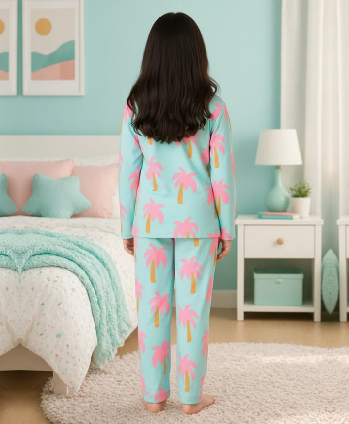 Palm Tree Girls Long Sleeve Pyjama Set - Aqua