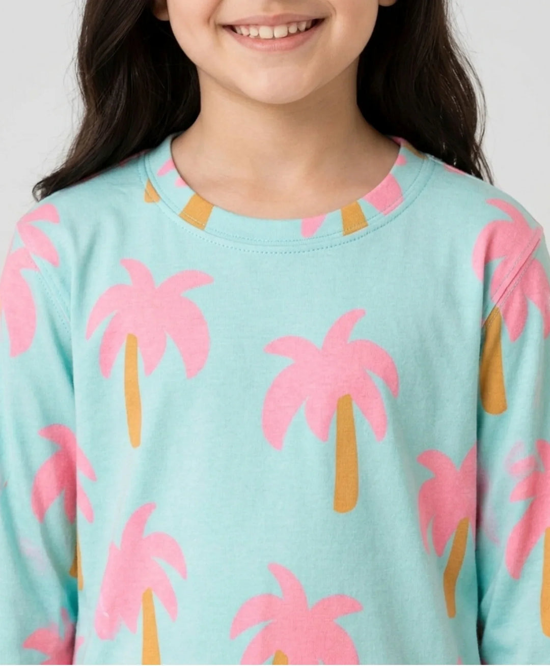 Palm Tree Girls Long Sleeve Pyjama Set - Aqua