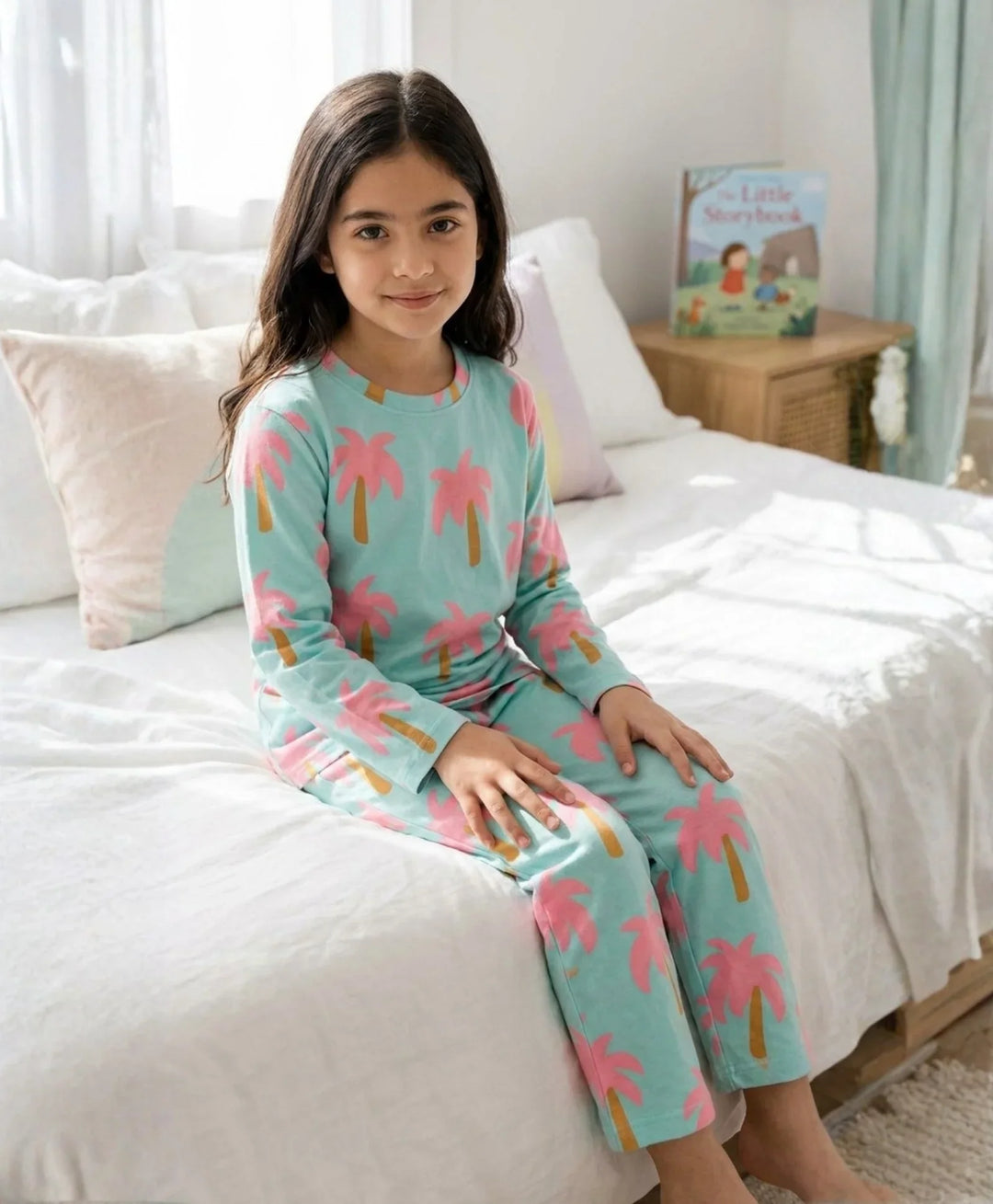 Palm Tree Girls Long Sleeve Pyjama Set - Aqua