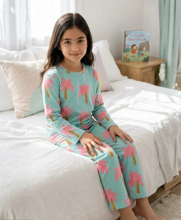Palm Tree Girls Long Sleeve Pyjama Set - Aqua