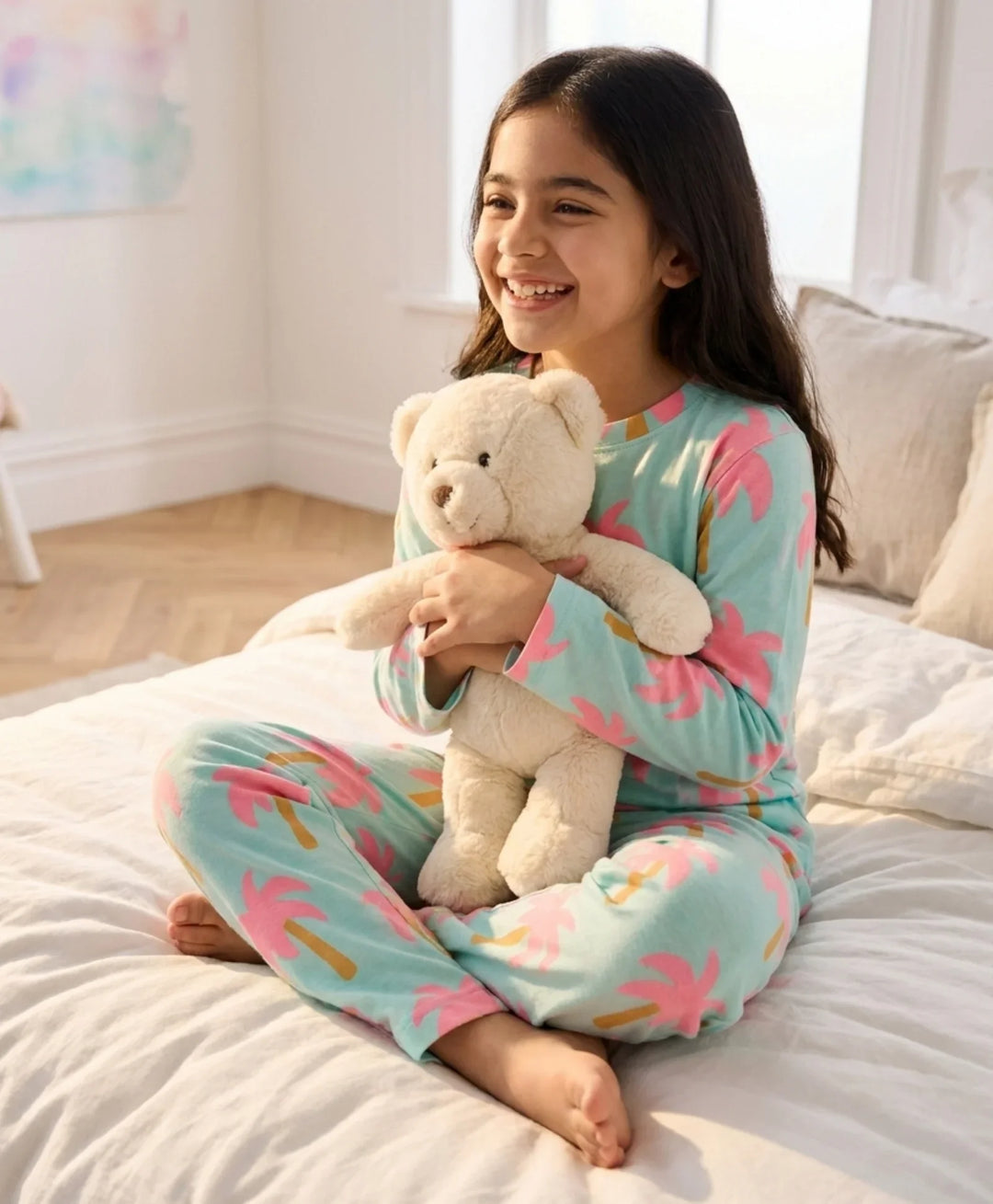 Palm Tree Girls Long Sleeve Pyjama Set - Aqua