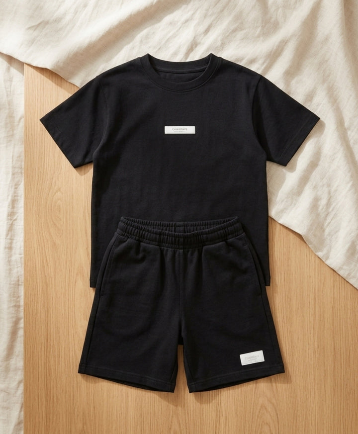 ESSENTIAL BLACK OVERSIZED T-SHIRT SHORTS SET - BLACK