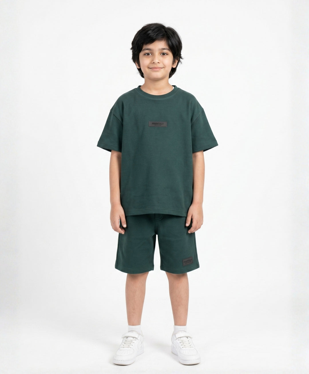 ESSENTIAL GREEN TEXTURED OVERSIZED T-SHIRT SHORTS SET - GREEN