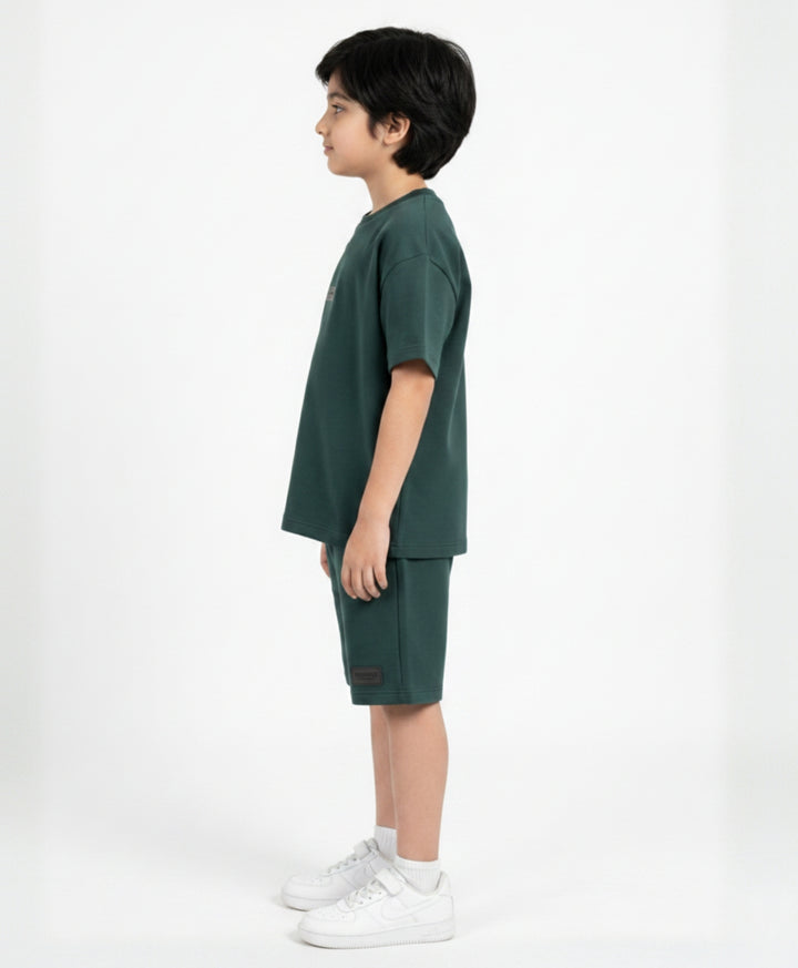 ESSENTIAL GREEN TEXTURED OVERSIZED T-SHIRT SHORTS SET - GREEN