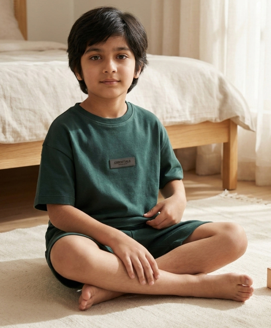ESSENTIAL GREEN TEXTURED OVERSIZED T-SHIRT SHORTS SET - GREEN