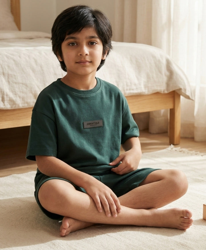 ESSENTIAL GREEN TEXTURED OVERSIZED T-SHIRT SHORTS SET - GREEN