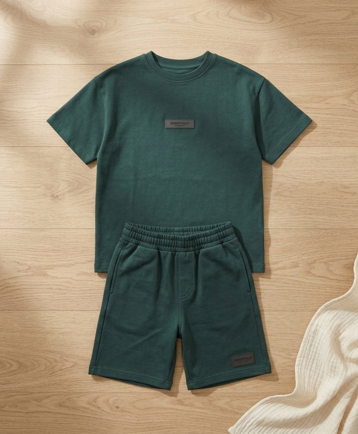 ESSENTIAL GREEN TEXTURED OVERSIZED T-SHIRT SHORTS SET - GREEN