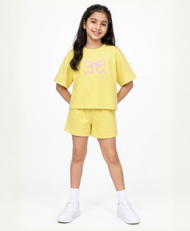 SUMMER YELLOW BOW OVERSIZED T-SHIRT SHORTS SET - YELLOW