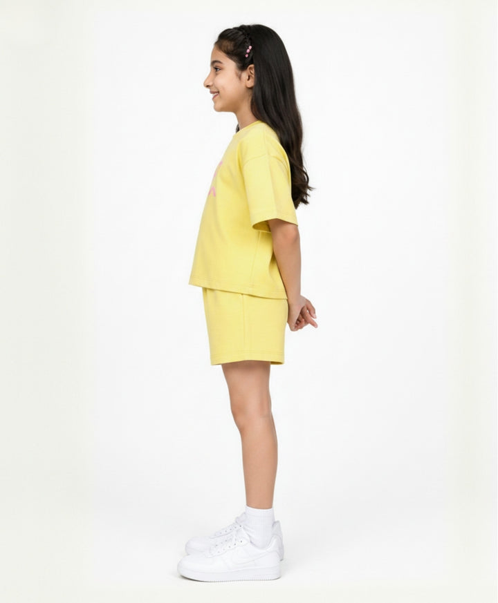SUMMER YELLOW BOW OVERSIZED T-SHIRT SHORTS SET - YELLOW