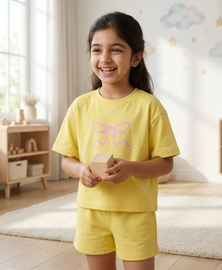 SUMMER YELLOW BOW OVERSIZED T-SHIRT SHORTS SET - YELLOW