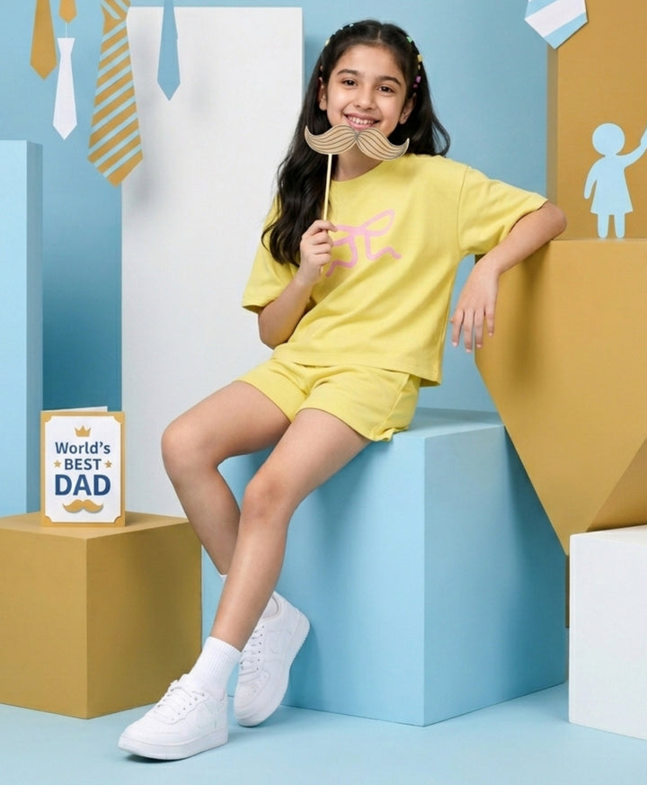 SUMMER YELLOW BOW OVERSIZED T-SHIRT SHORTS SET - YELLOW