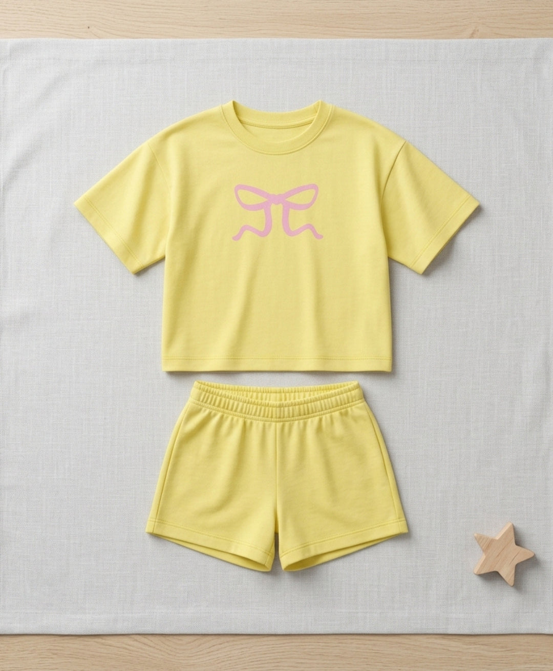 SUMMER YELLOW BOW OVERSIZED T-SHIRT SHORTS SET - YELLOW