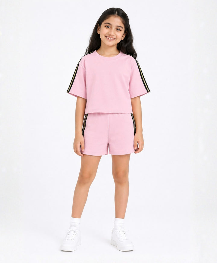 SUMMER PINK TAPE OVERSIZED T-SHIRT SHORTS SET - PINK