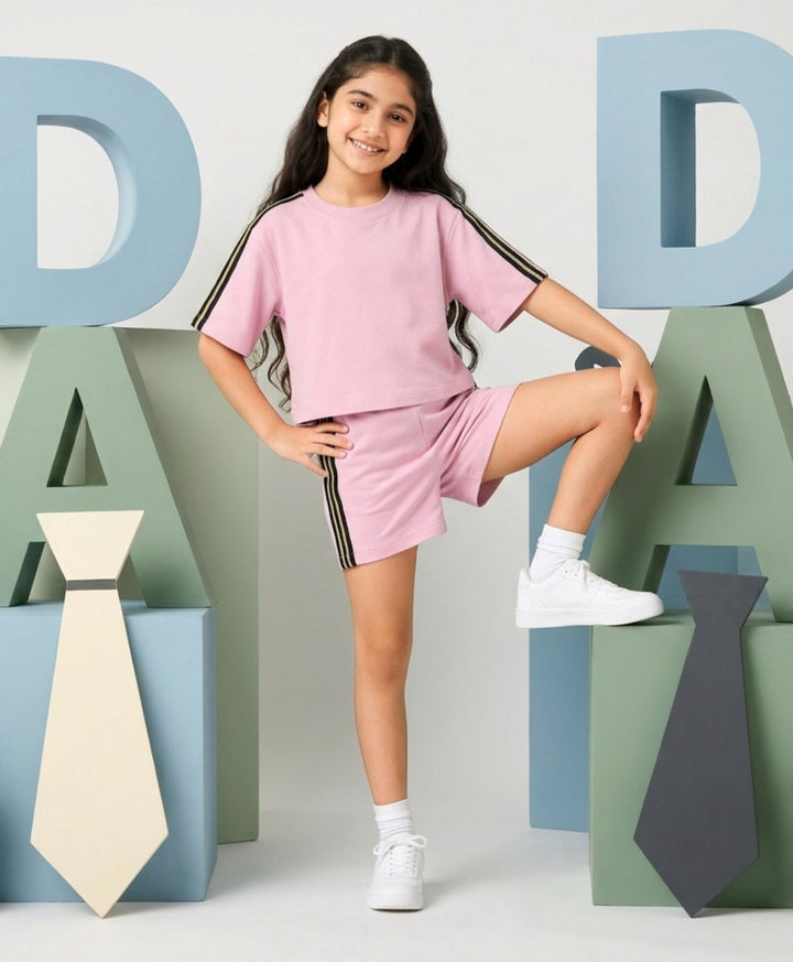 SUMMER PINK TAPE OVERSIZED T-SHIRT SHORTS SET - PINK