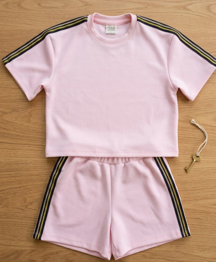 SUMMER PINK TAPE OVERSIZED T-SHIRT SHORTS SET - PINK