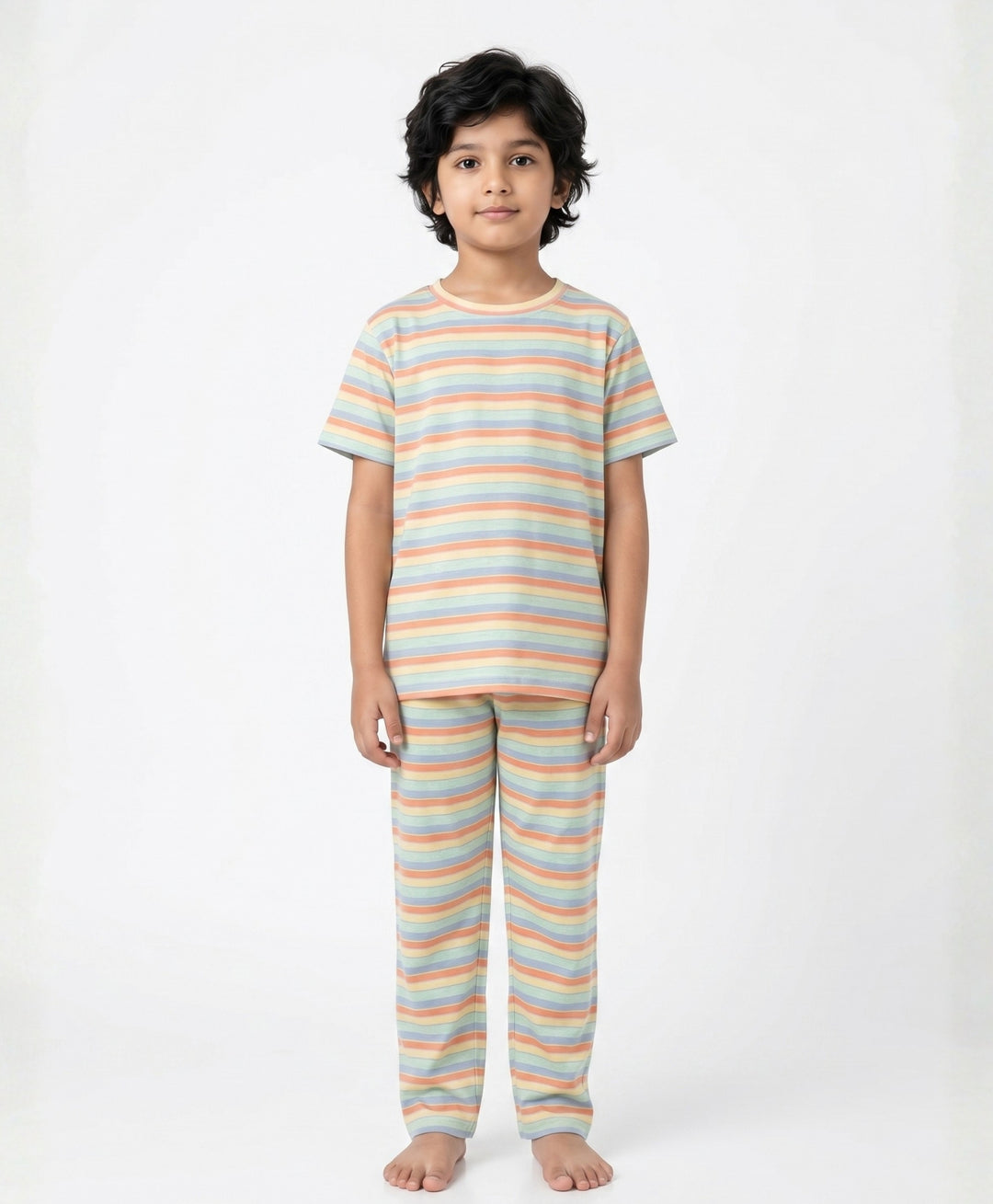 Orange Yellow Sky Aqua Stripe Short Sleeve Pyjama Set-Orange