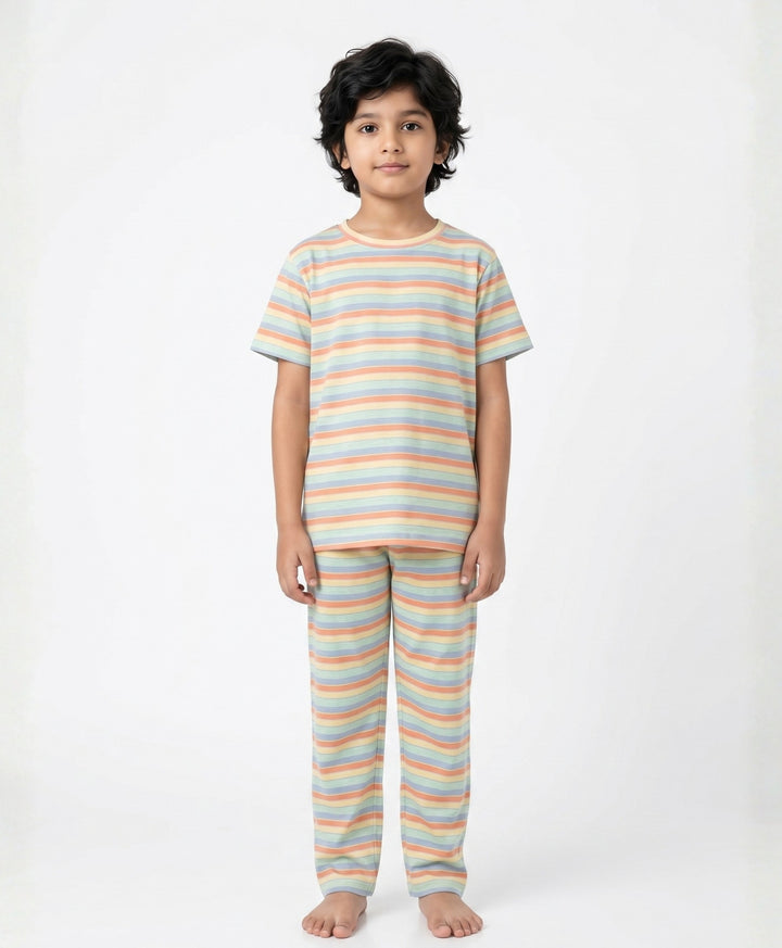 Orange Yellow Sky Aqua Stripe Short Sleeve Pyjama Set-Orange