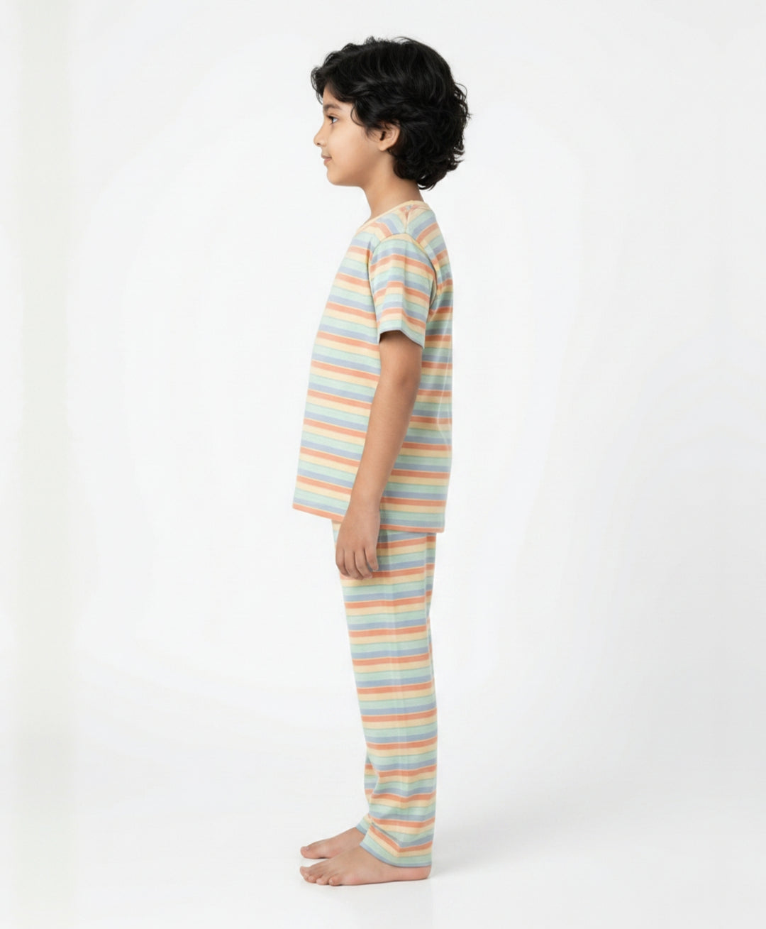 Orange Yellow Sky Aqua Stripe Short Sleeve Pyjama Set-Orange