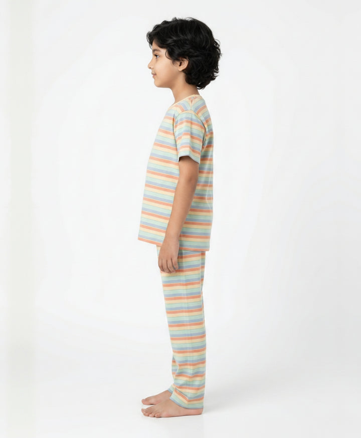 Orange Yellow Sky Aqua Stripe Short Sleeve Pyjama Set-Orange