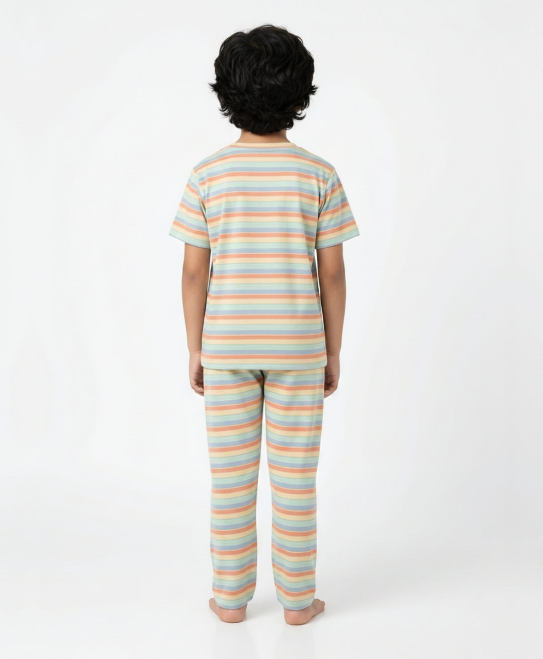 Orange Yellow Sky Aqua Stripe Short Sleeve Pyjama Set-Orange