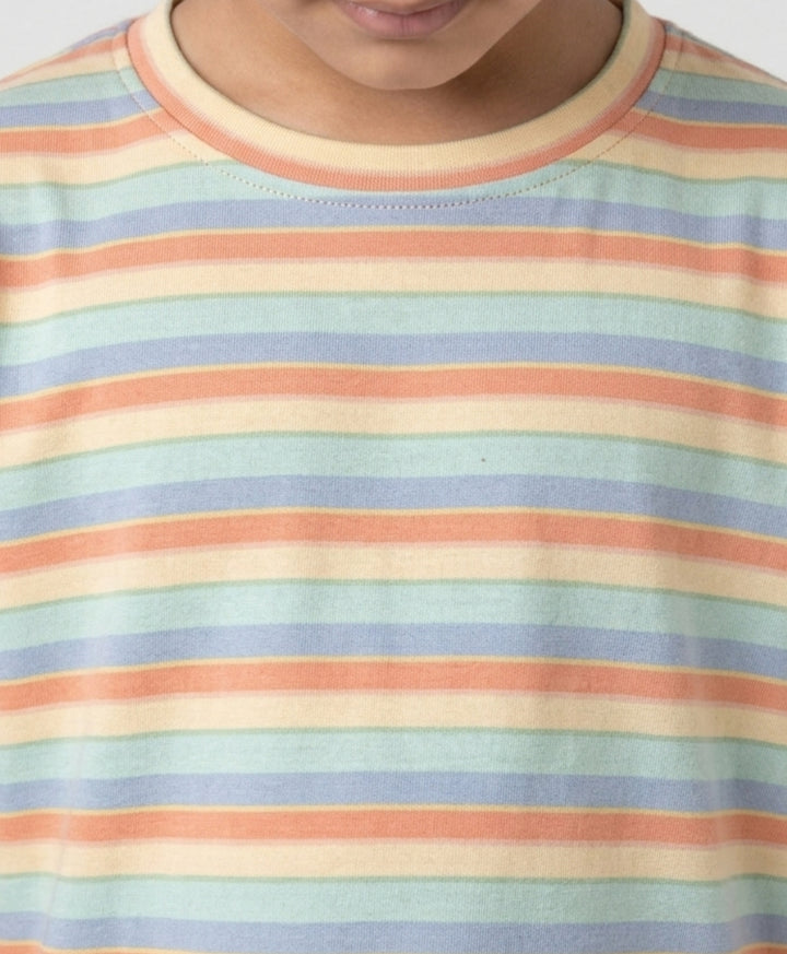 Orange Yellow Sky Aqua Stripe Short Sleeve Pyjama Set-Orange