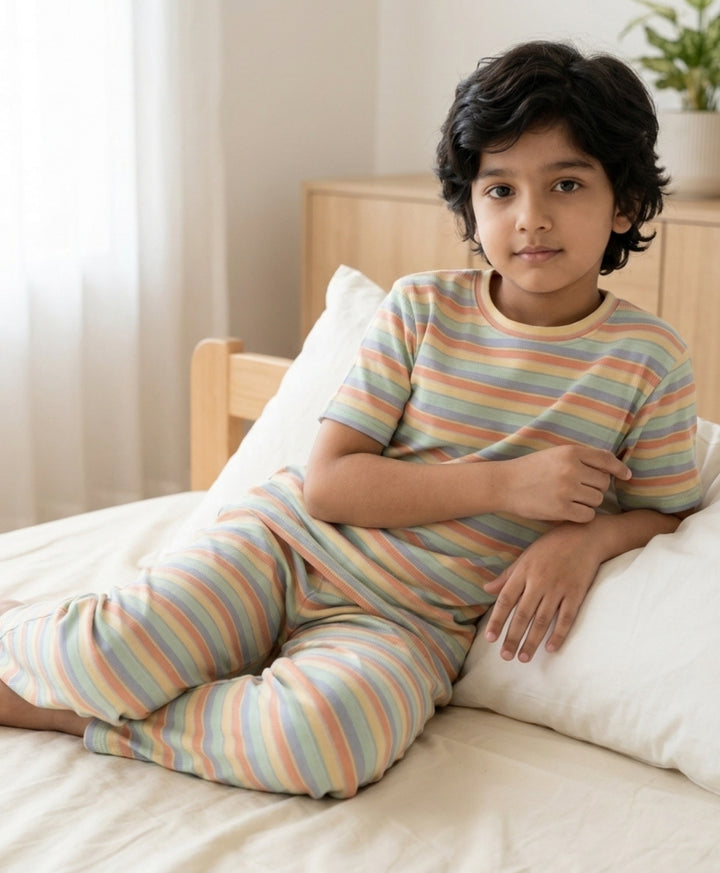 Orange Yellow Sky Aqua Stripe Short Sleeve Pyjama Set-Orange