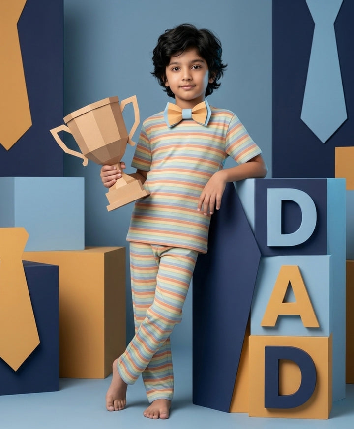 Orange Yellow Sky Aqua Stripe Short Sleeve Pyjama Set-Orange