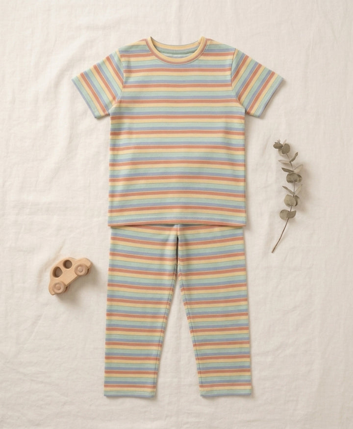 Orange Yellow Sky Aqua Stripe Short Sleeve Pyjama Set-Orange