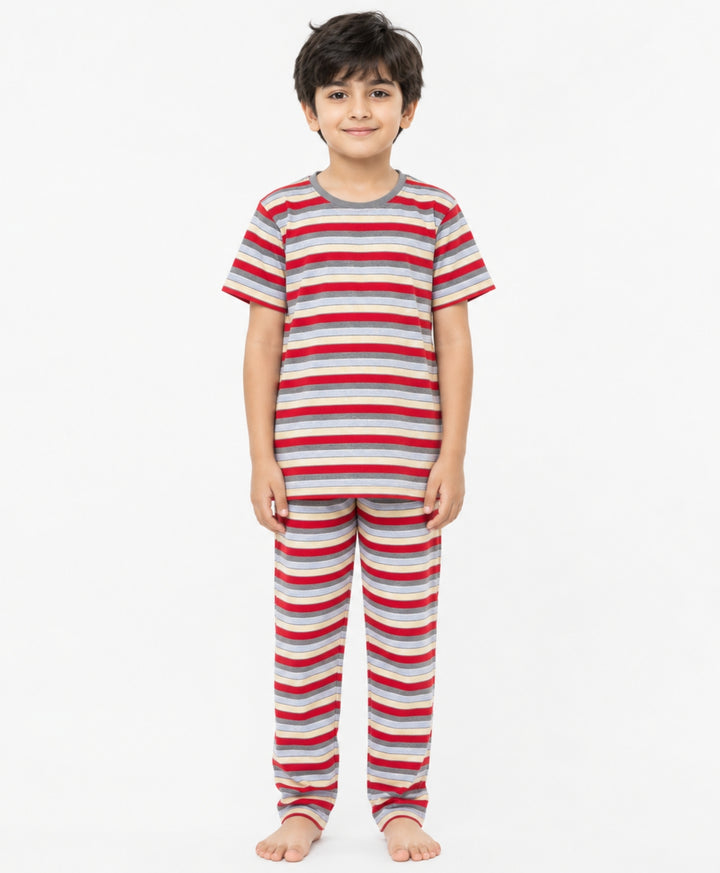 Red Grey Sky Yellow Stripe Short Sleeve Pyjama Set - Red