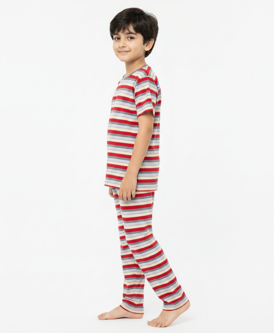 Red Grey Sky Yellow Stripe Short Sleeve Pyjama Set - Red