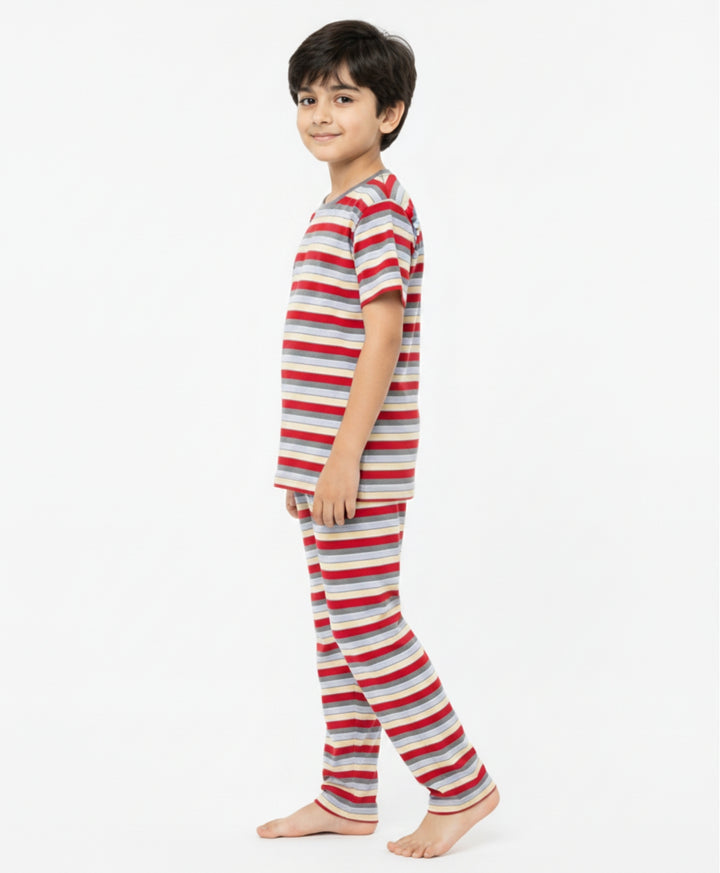 Red Grey Sky Yellow Stripe Short Sleeve Pyjama Set - Red