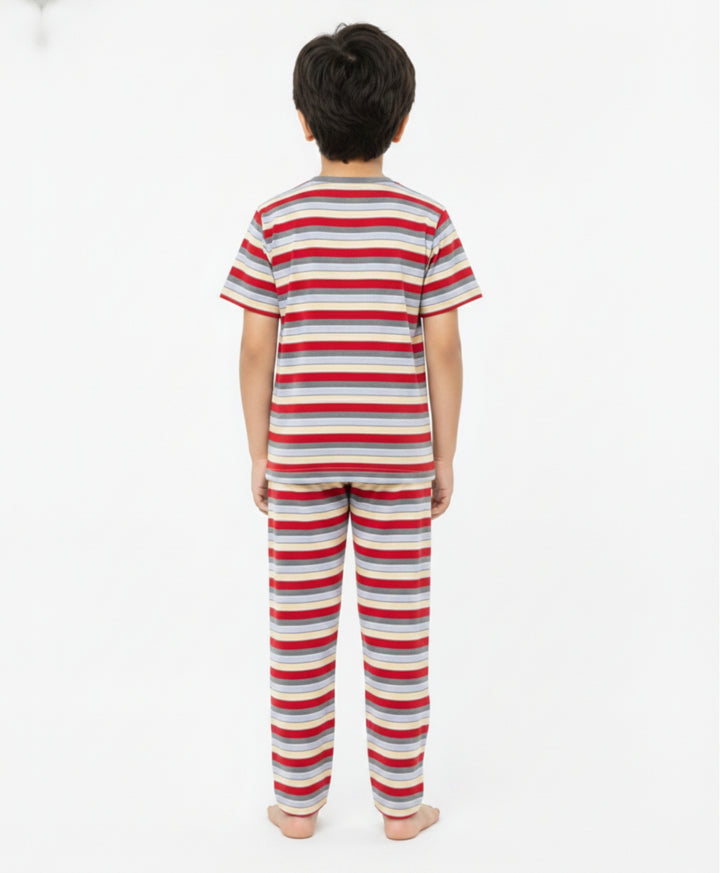Red Grey Sky Yellow Stripe Short Sleeve Pyjama Set - Red
