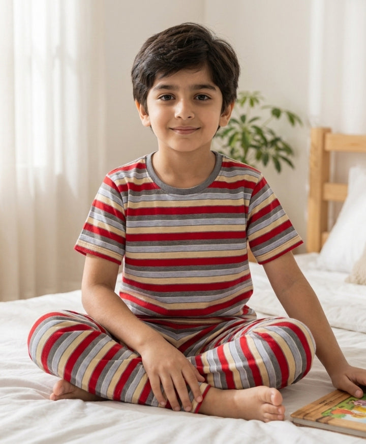 Red Grey Sky Yellow Stripe Short Sleeve Pyjama Set - Red