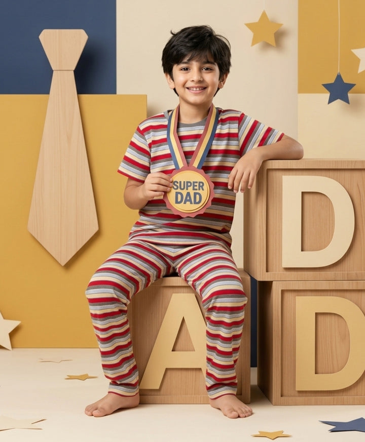Red Grey Sky Yellow Stripe Short Sleeve Pyjama Set - Red