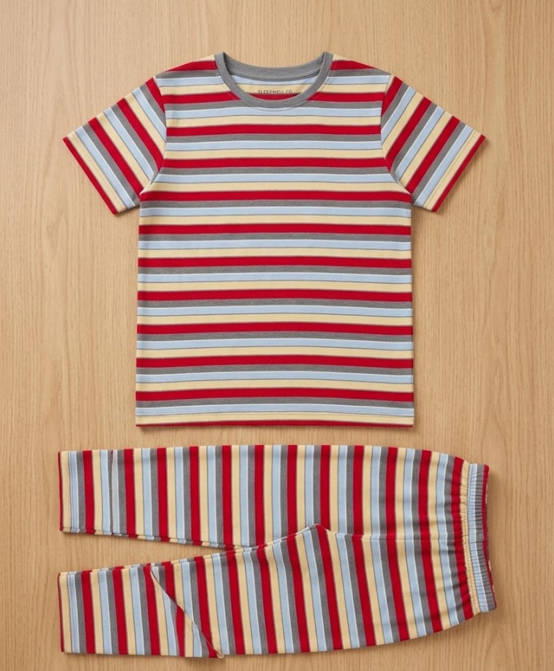 Red Grey Sky Yellow Stripe Short Sleeve Pyjama Set - Red