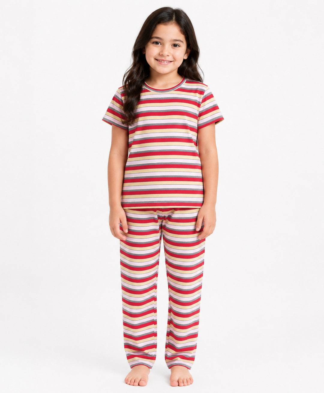 Red Grey Pink Yellow Stripe Short Sleeve Pyjama Set - Pink