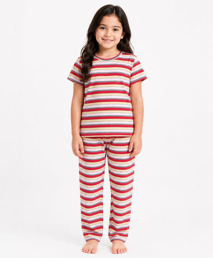 Red Grey Pink Yellow Stripe Short Sleeve Pyjama Set - Pink