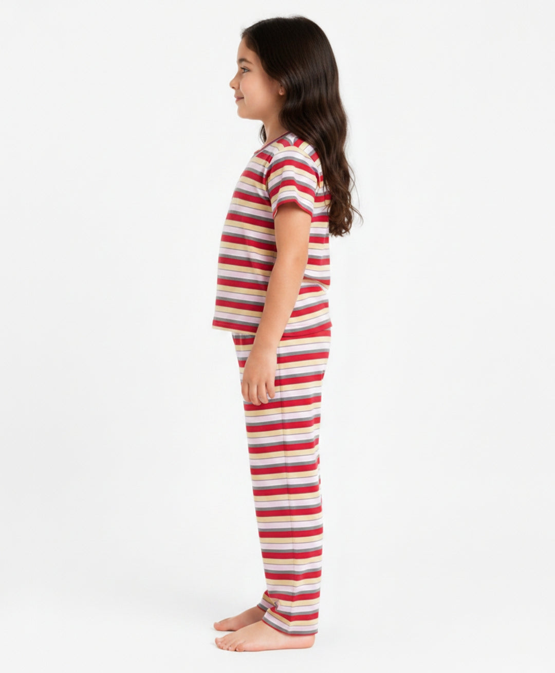 Red Grey Pink Yellow Stripe Short Sleeve Pyjama Set - Pink